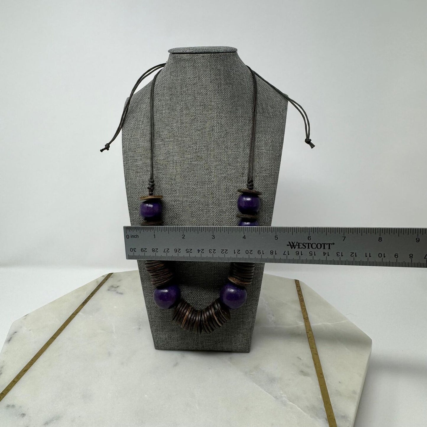 Wood Purple Beaded Statement Necklace Bold Boho Tribal Natural Disc Accent Beads 32”