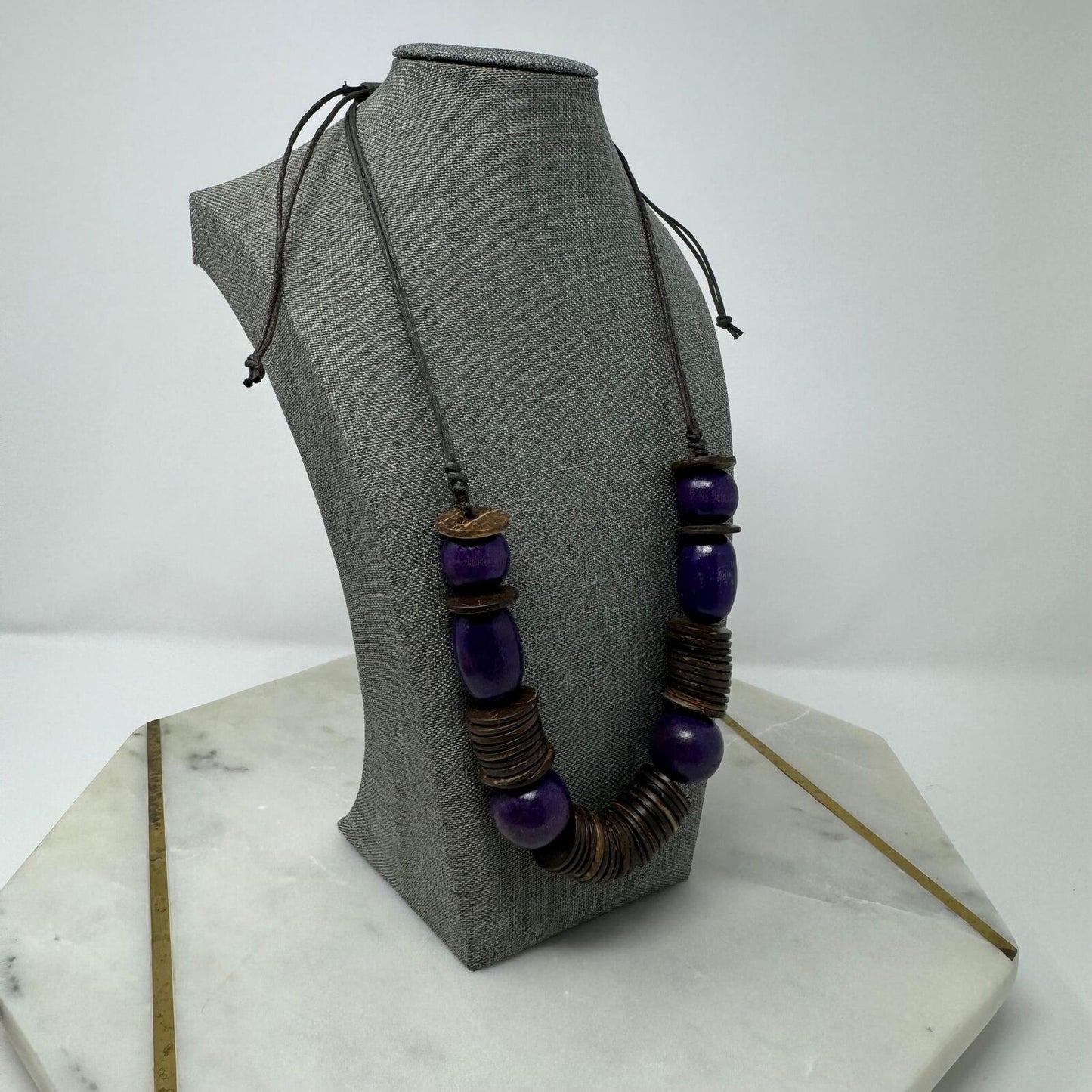 Wood Purple Beaded Statement Necklace Bold Boho Tribal Natural Disc Accent Beads 32”