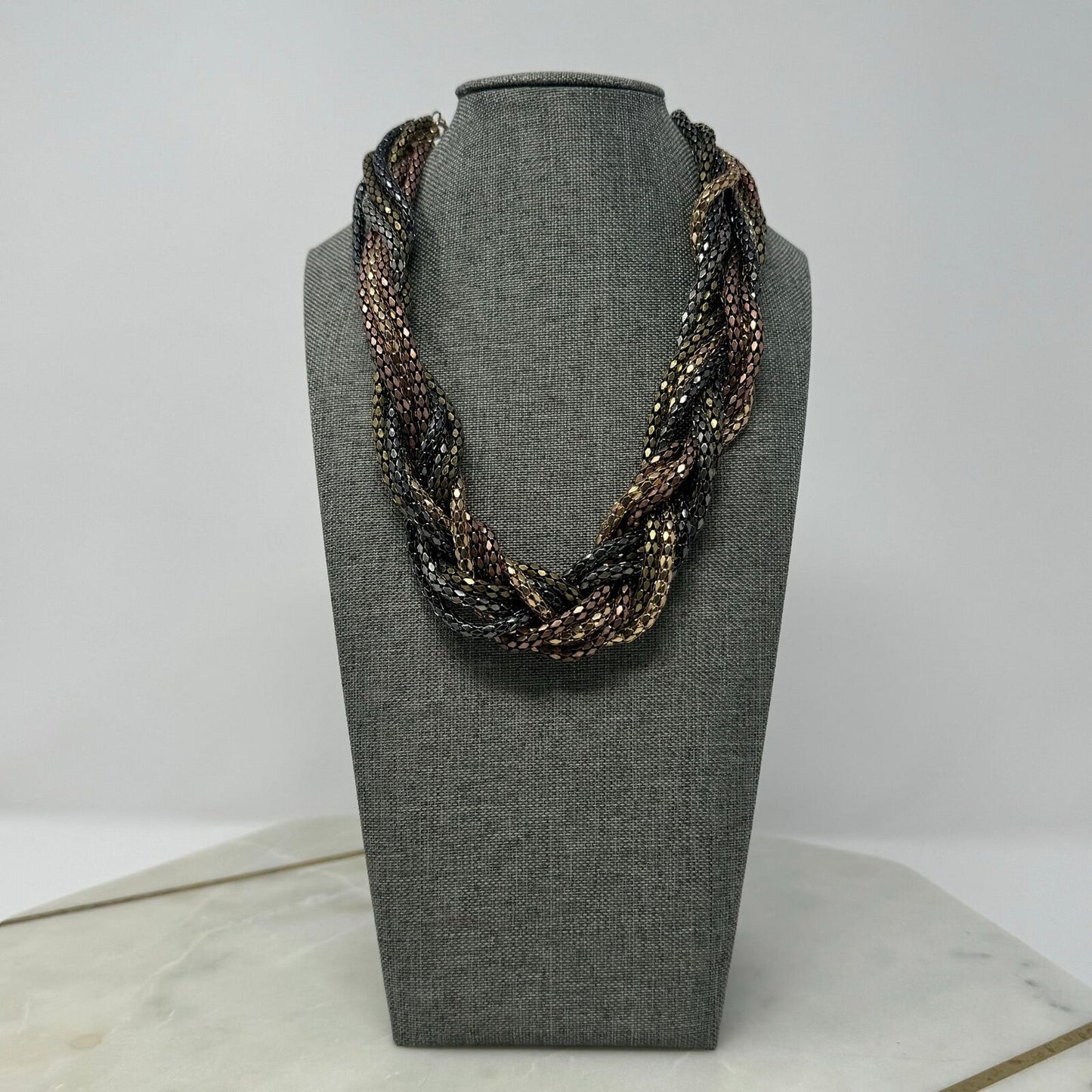 Metallic Layered Braid Chain Statement Necklace Bold Textured Copper Gold 18”