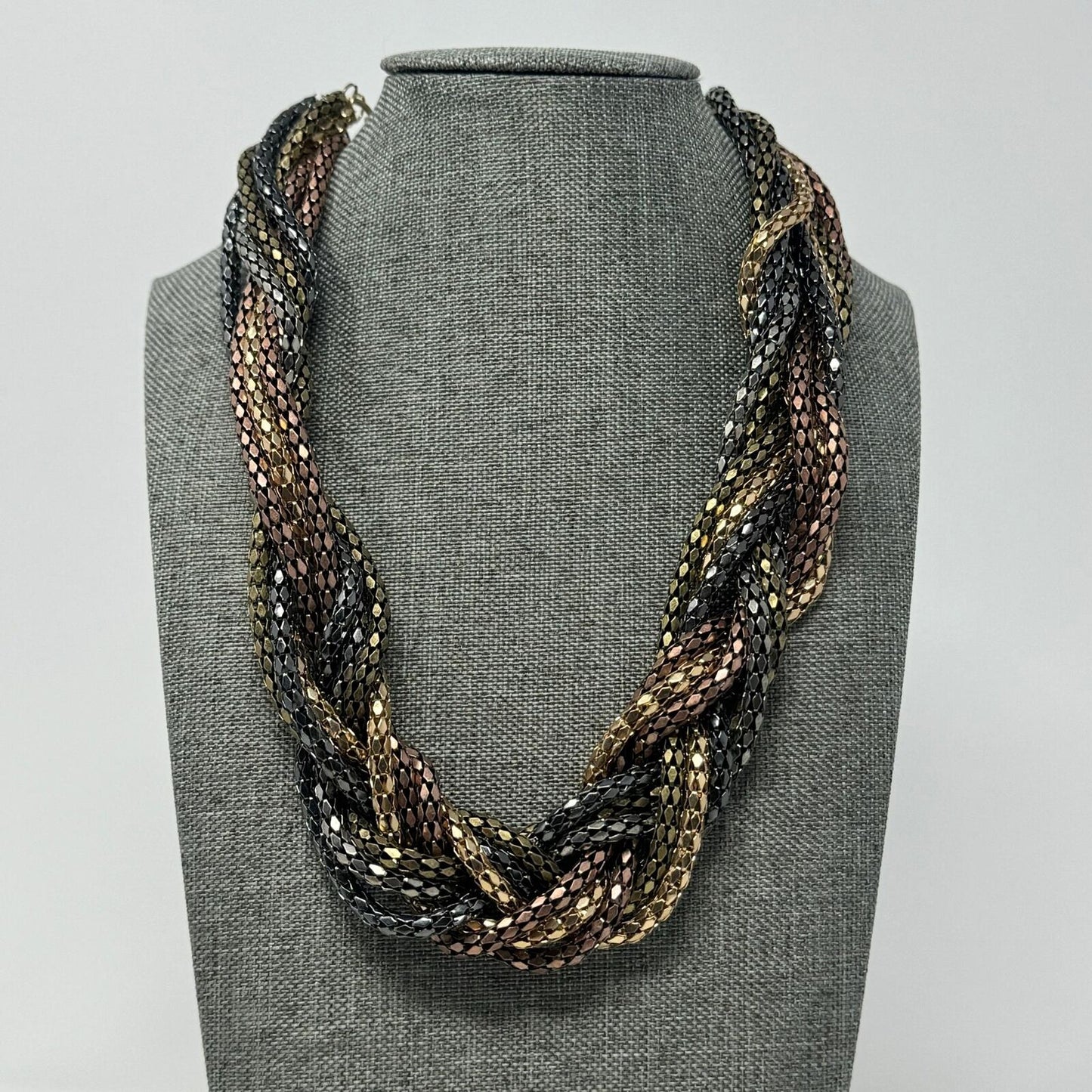 Metallic Layered Braid Chain Statement Necklace Bold Textured Copper Gold 18”