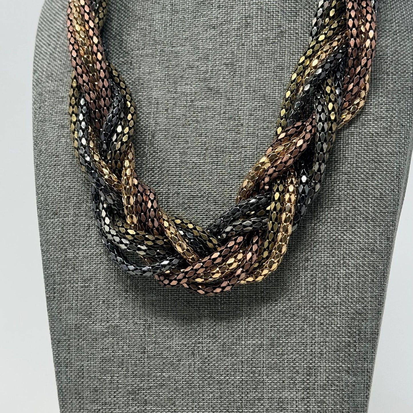 Metallic Layered Braid Chain Statement Necklace Bold Textured Copper Gold 18”