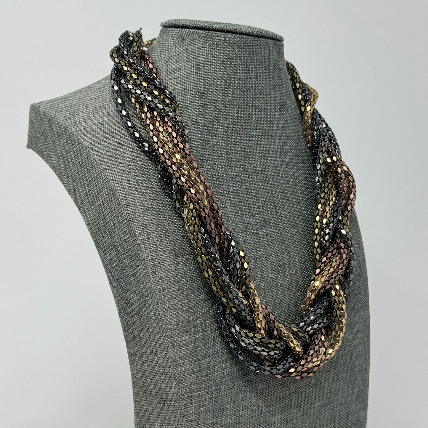 Metallic Layered Braid Chain Statement Necklace Bold Textured Copper Gold 18”