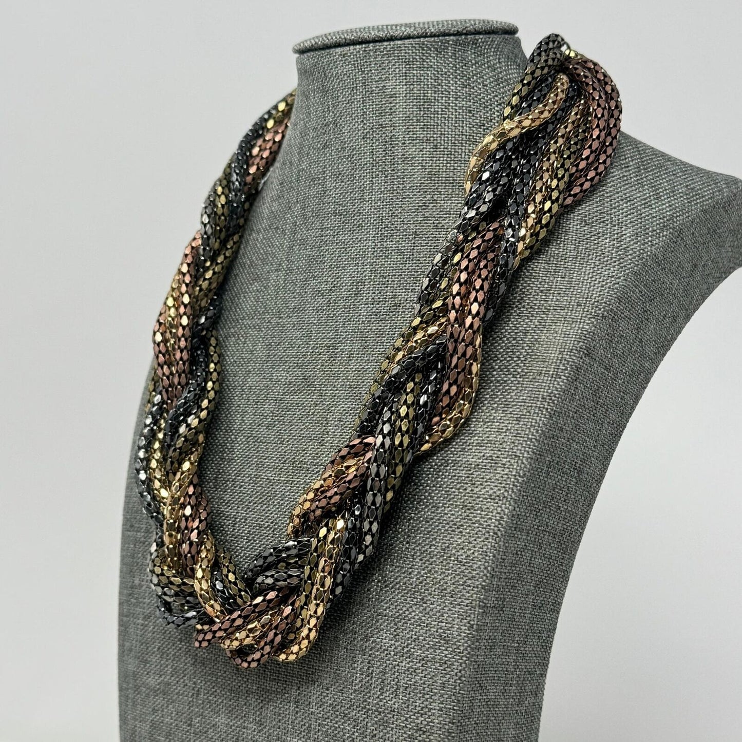 Metallic Layered Braid Chain Statement Necklace Bold Textured Copper Gold 18”