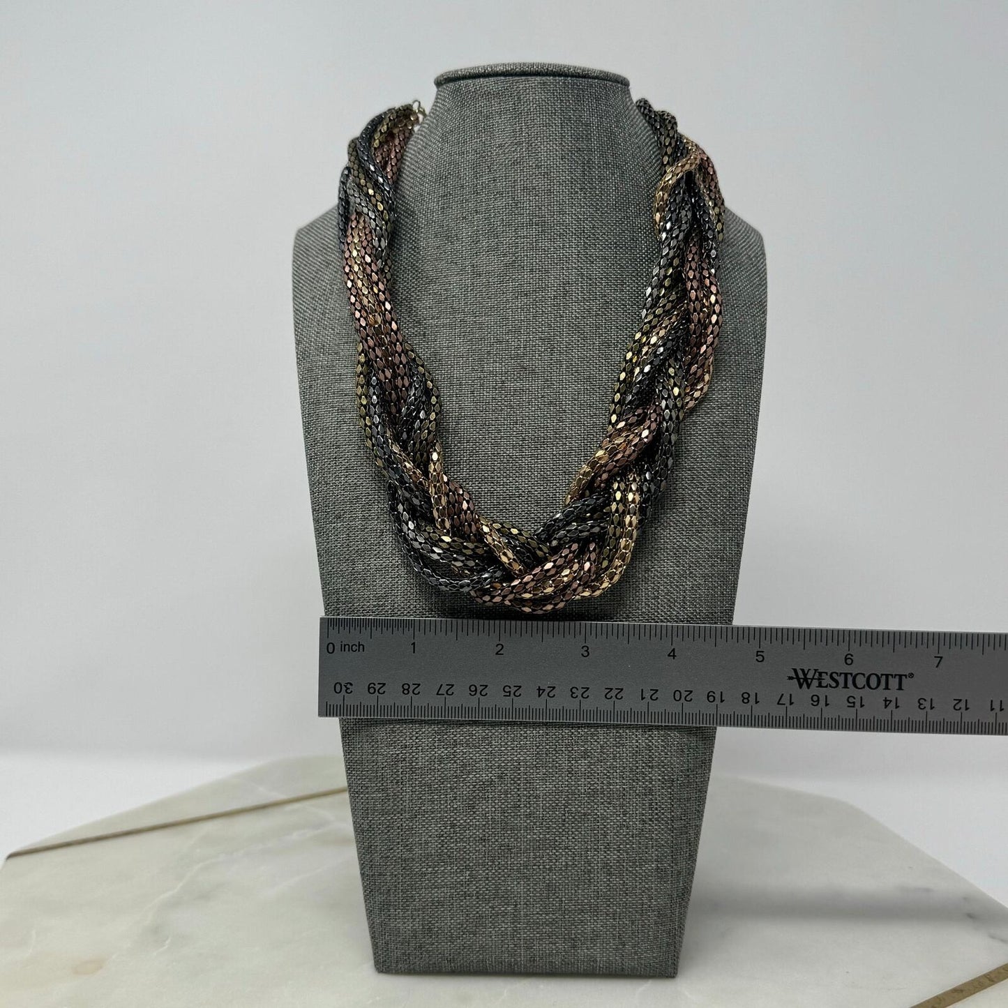 Metallic Layered Braid Chain Statement Necklace Bold Textured Copper Gold 18”
