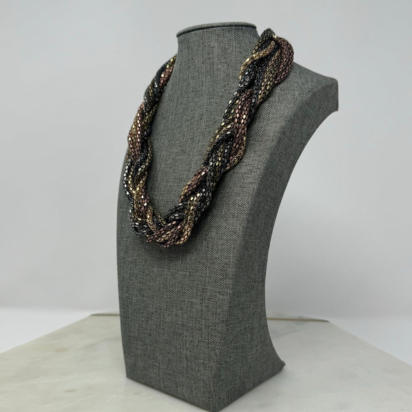 Metallic Layered Braid Chain Statement Necklace Bold Textured Copper Gold 18”