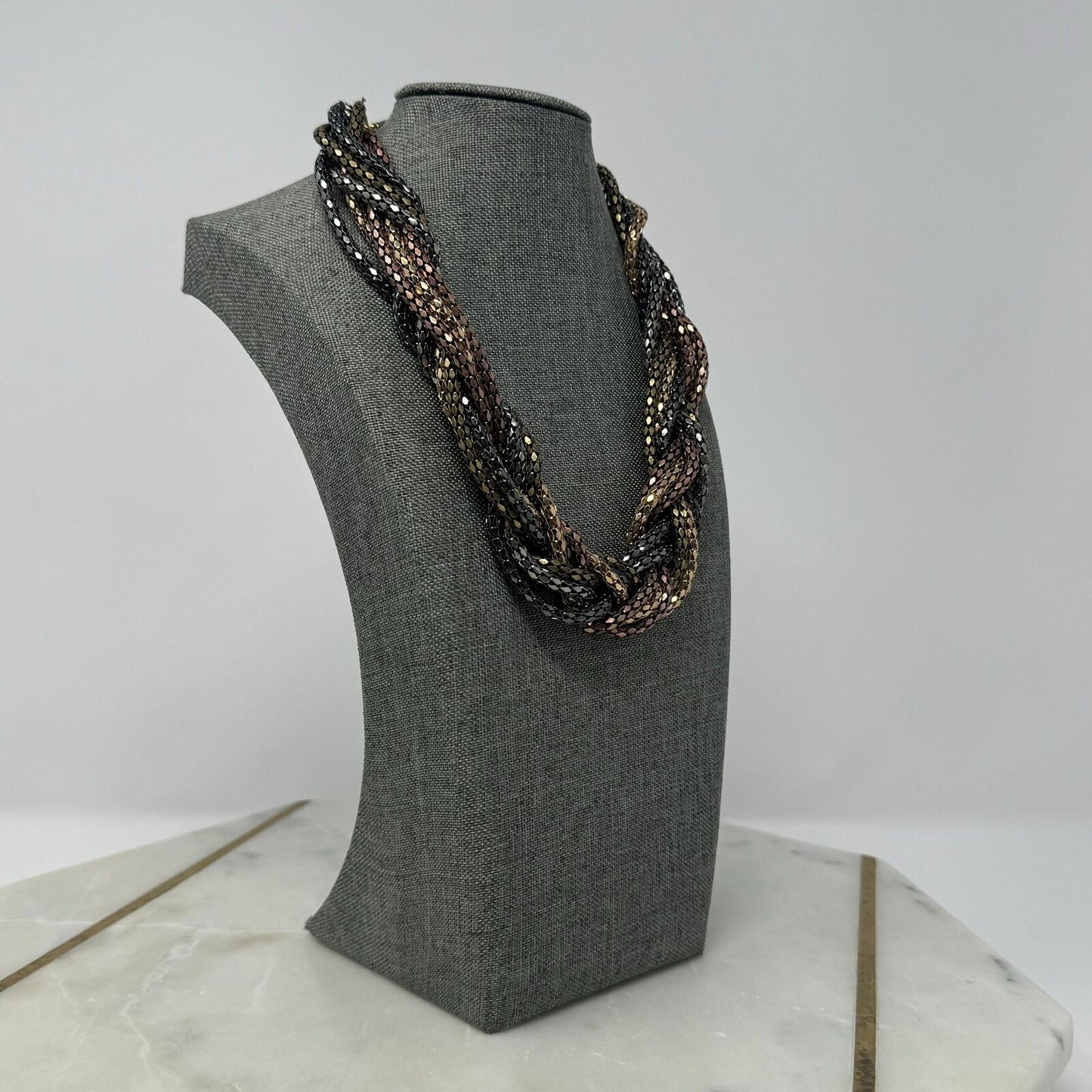 Metallic Layered Braid Chain Statement Necklace Bold Textured Copper Gold 18”