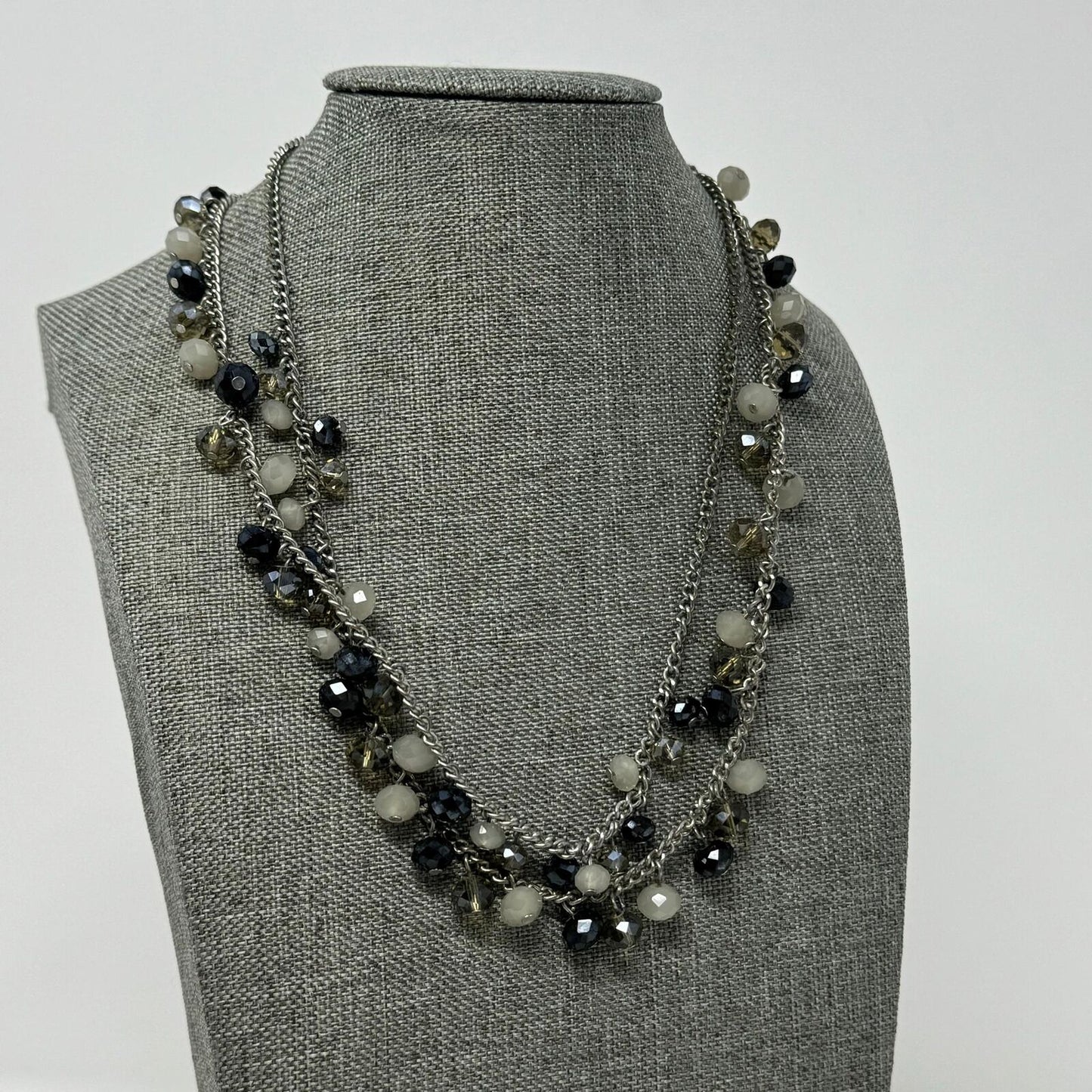 Loft Beaded Chain Necklace Shimmer Sparkle Black White Elegant Accent Chic 32”