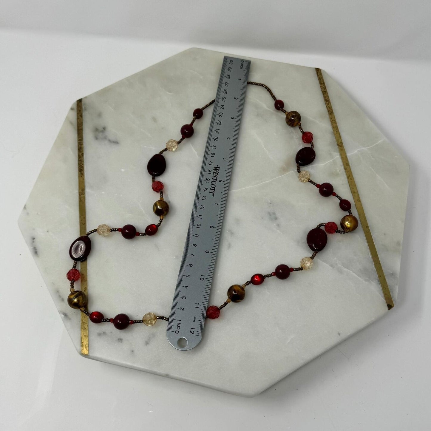 Deep Red Beaded Station Necklace Shimmer Gold Accent Layer Statement 32”