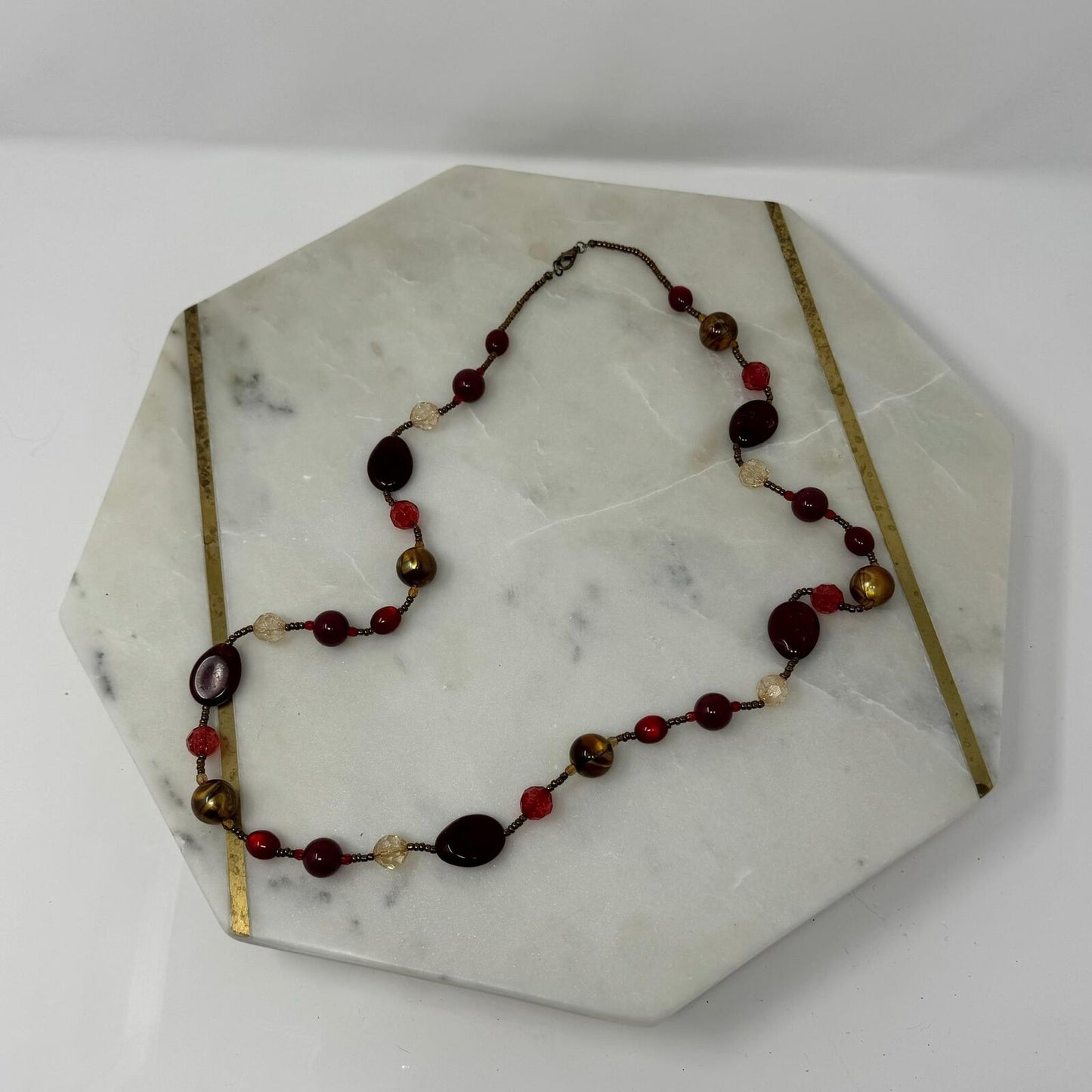 Deep Red Beaded Station Necklace Shimmer Gold Accent Layer Statement 32”