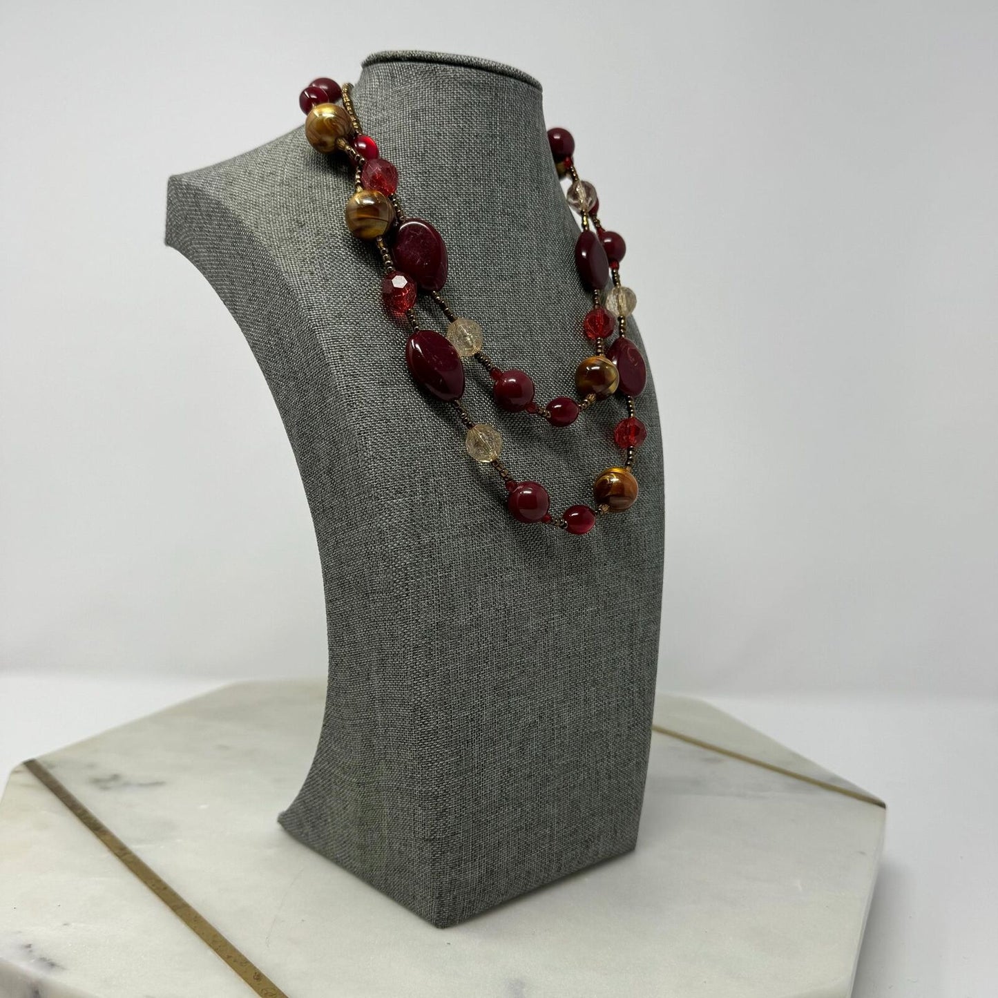 Deep Red Beaded Station Necklace Shimmer Gold Accent Layer Statement 32”