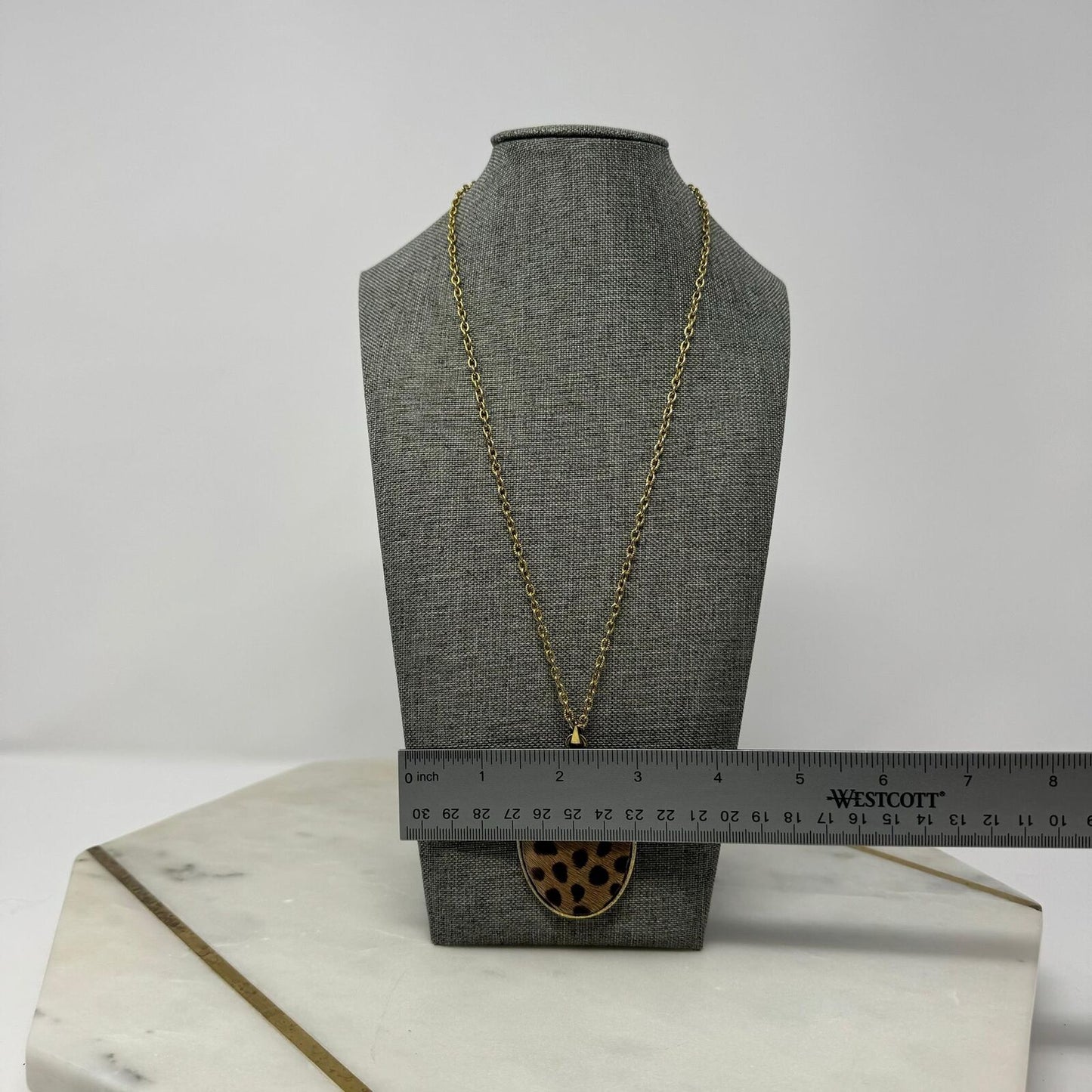 Gold Chain Oval Fur Pendant Necklace Leopard Print Minimal Boho Simple 21”