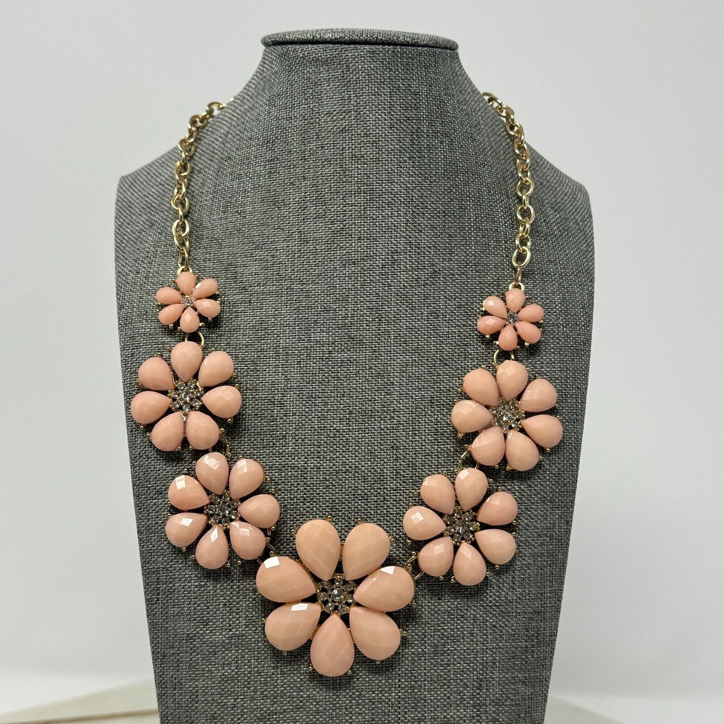 Pink Flower Statement Necklace Faceted Petal Rhinestone Elegant 16”