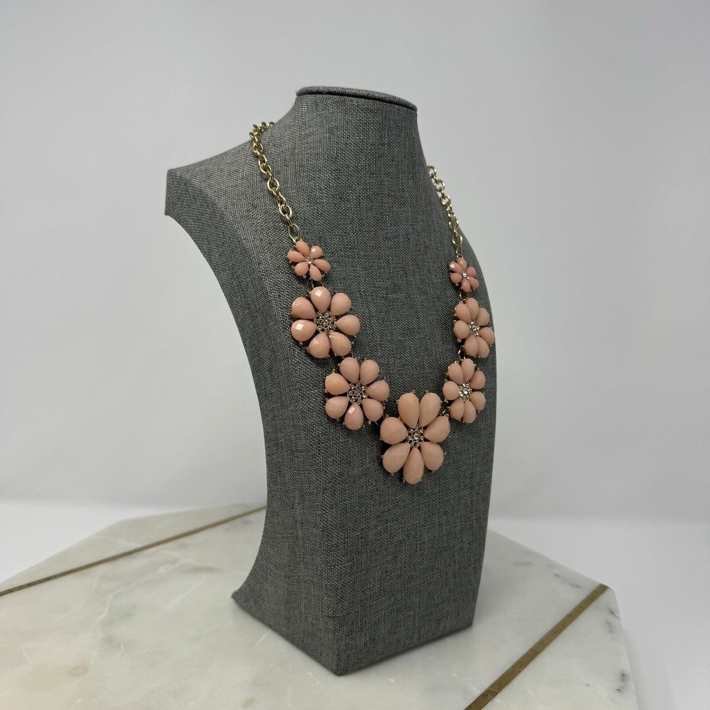 Pink Flower Statement Necklace Faceted Petal Rhinestone Elegant 16”