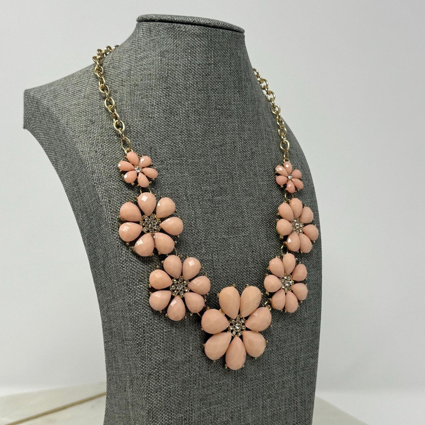 Pink Flower Statement Necklace Faceted Petal Rhinestone Elegant 16”