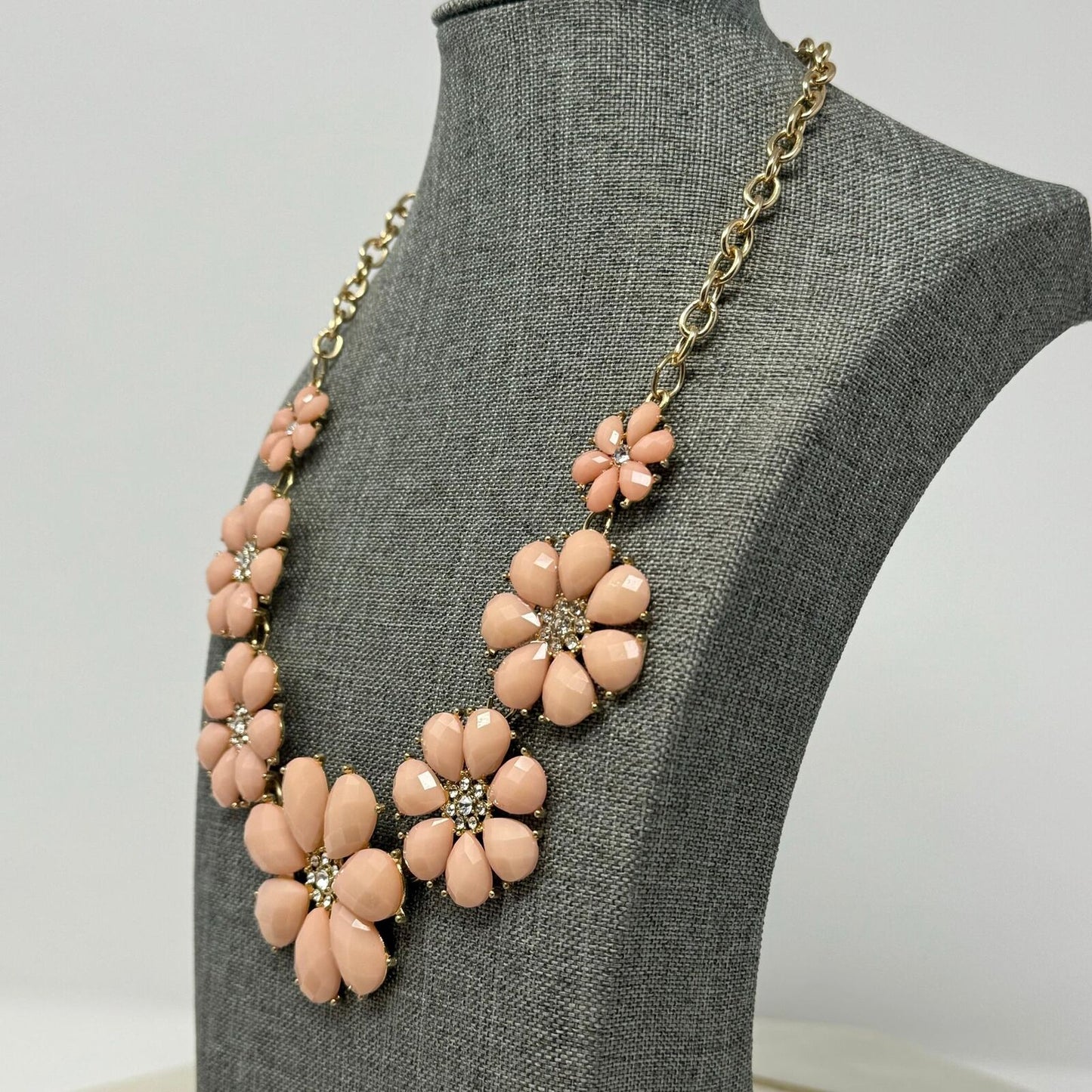 Pink Flower Statement Necklace Faceted Petal Rhinestone Elegant 16”