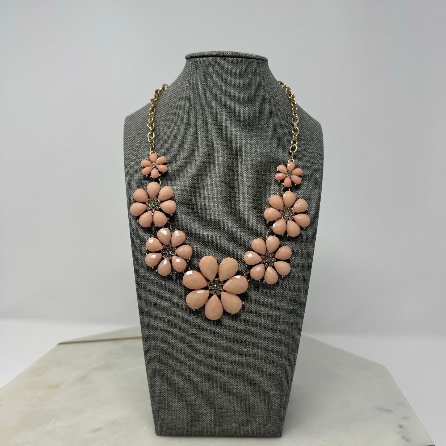 Pink Flower Statement Necklace Faceted Petal Rhinestone Elegant 16”