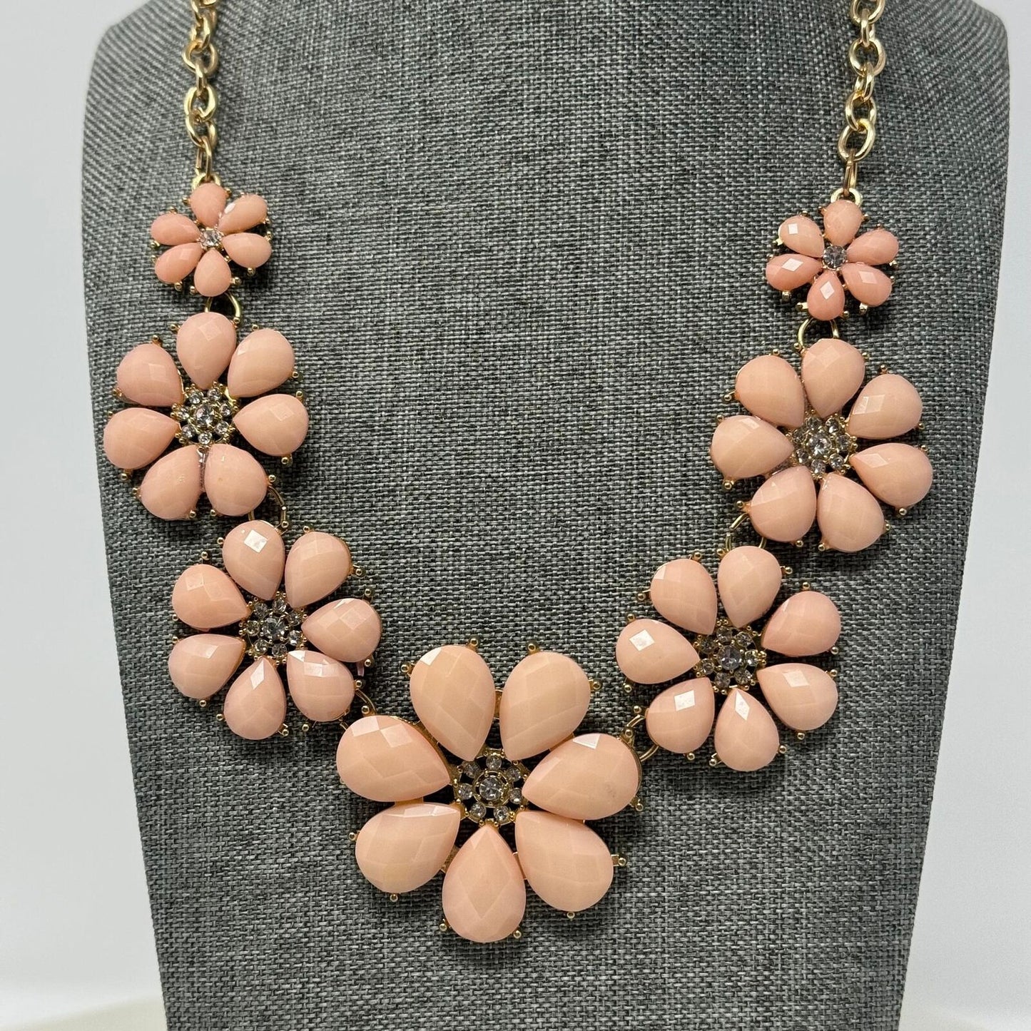 Pink Flower Statement Necklace Faceted Petal Rhinestone Elegant 16”