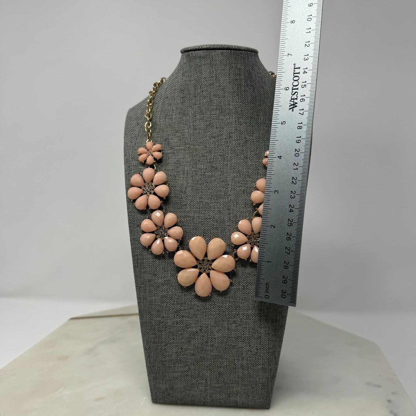Pink Flower Statement Necklace Faceted Petal Rhinestone Elegant 16”