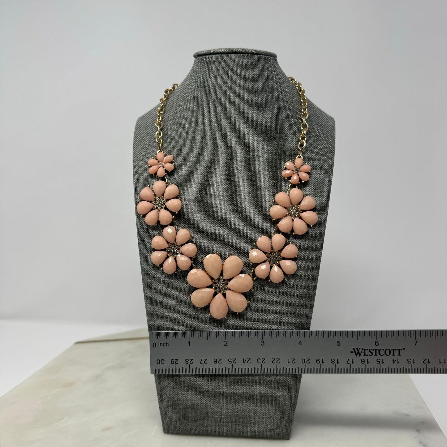 Pink Flower Statement Necklace Faceted Petal Rhinestone Elegant 16”