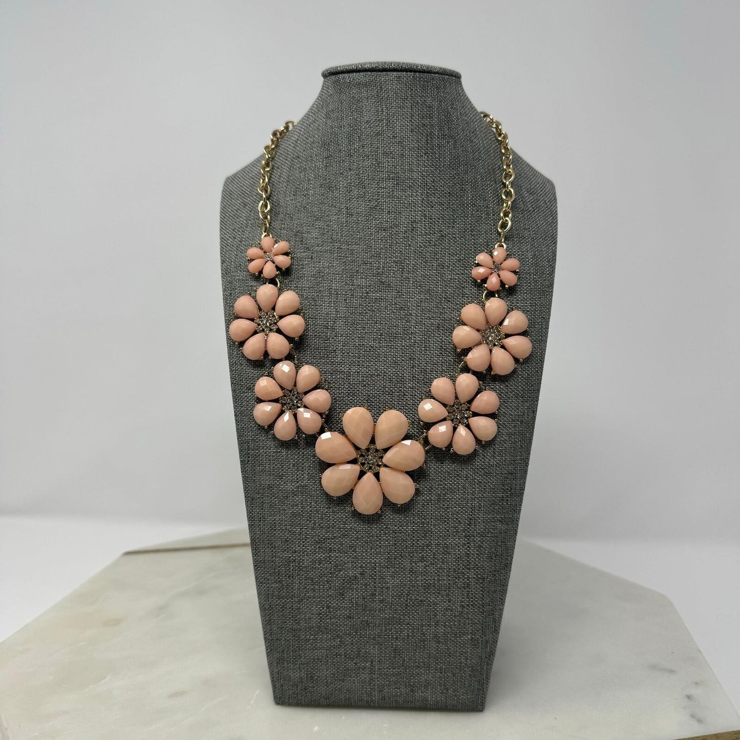 Pink Flower Statement Necklace Faceted Petal Rhinestone Elegant 16”