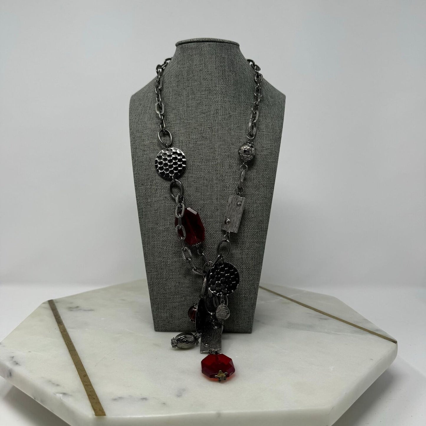 Bijoux Terner Red Statement Necklace Black Gun Metal Chain Bold Faceted Accent 24”