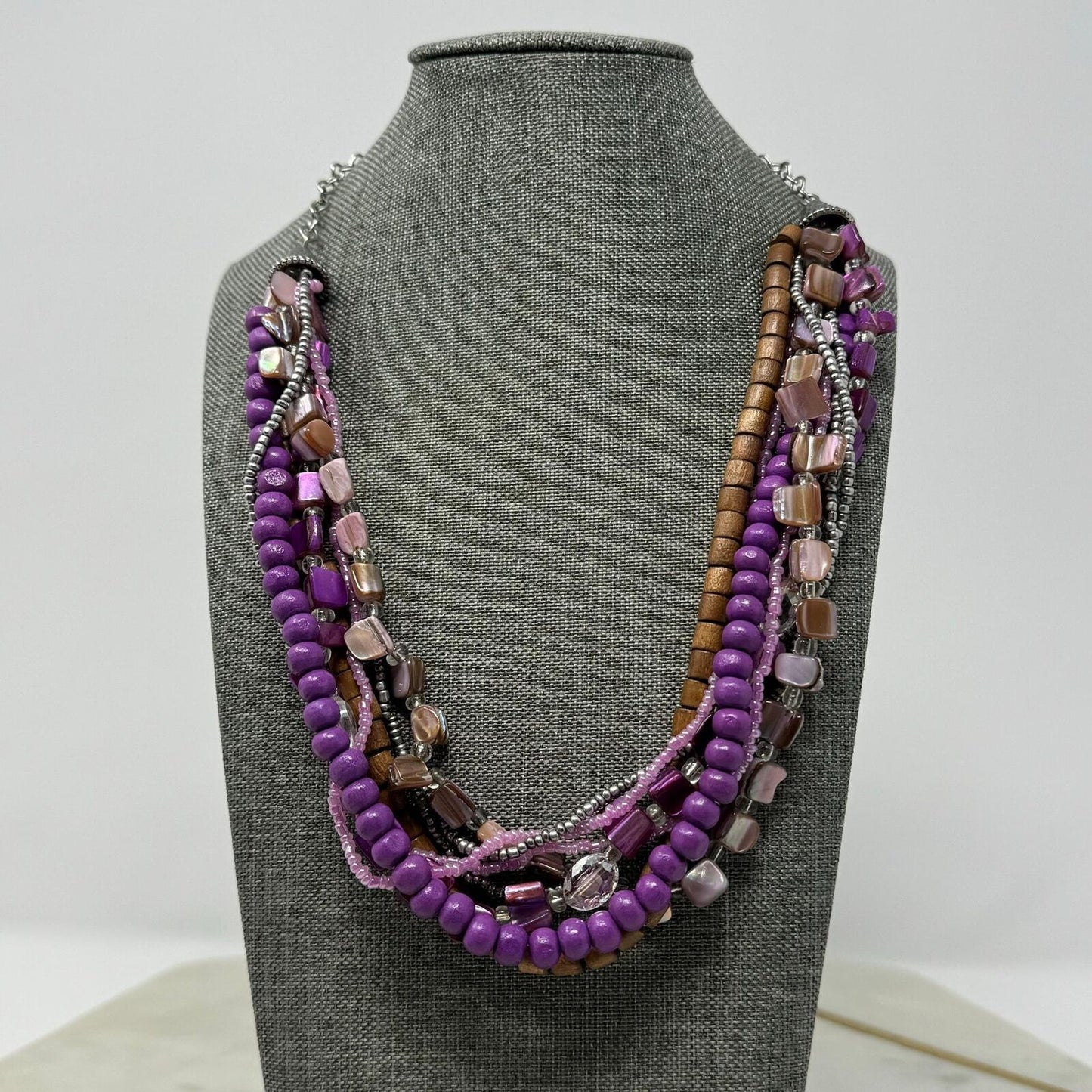 Purple Shell Wood Statement Necklace Layered Boho Chic Accent Seed Bead Beach 18”