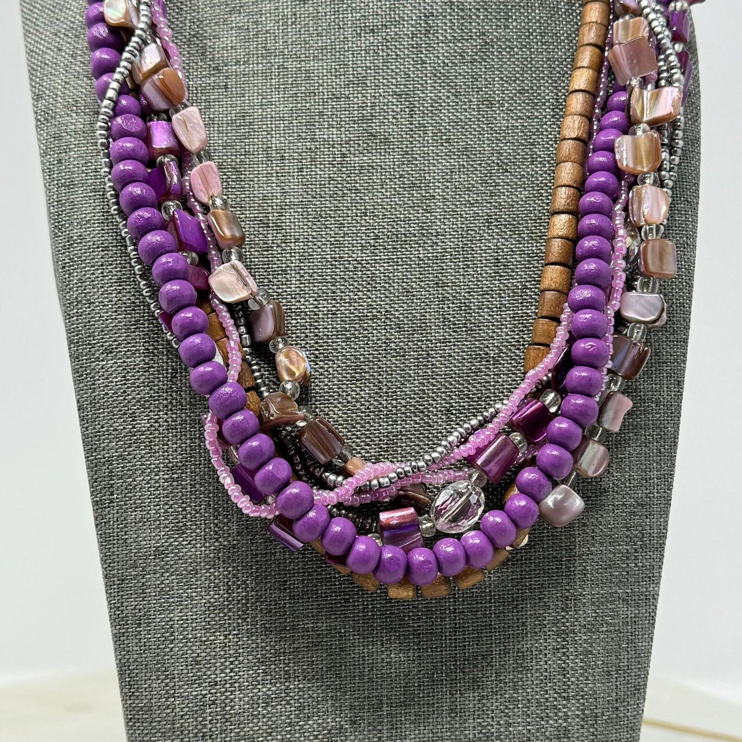 Purple Shell Wood Statement Necklace Layered Boho Chic Accent Seed Bead Beach 18”