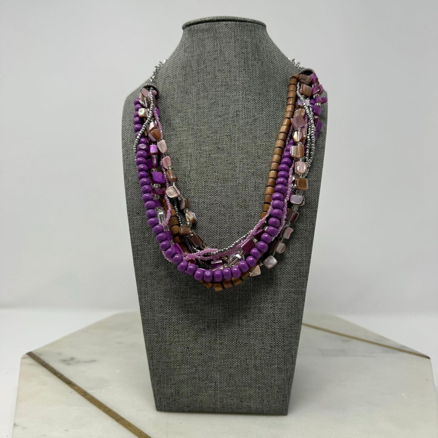 Purple Shell Wood Statement Necklace Layered Boho Chic Accent Seed Bead Beach 18”
