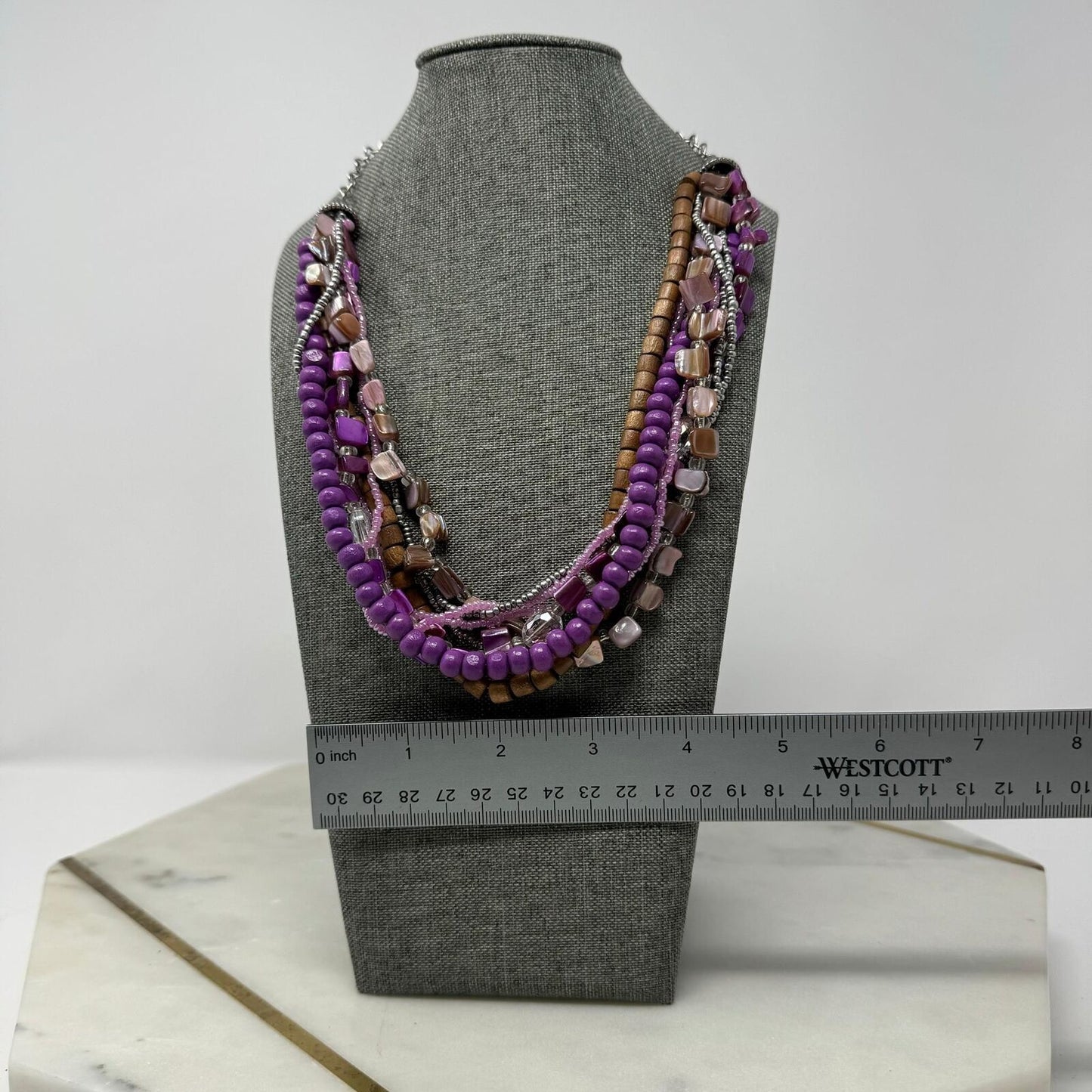 Purple Shell Wood Statement Necklace Layered Boho Chic Accent Seed Bead Beach 18”