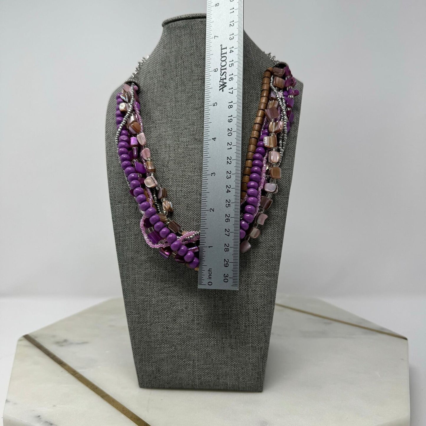 Purple Shell Wood Statement Necklace Layered Boho Chic Accent Seed Bead Beach 18”