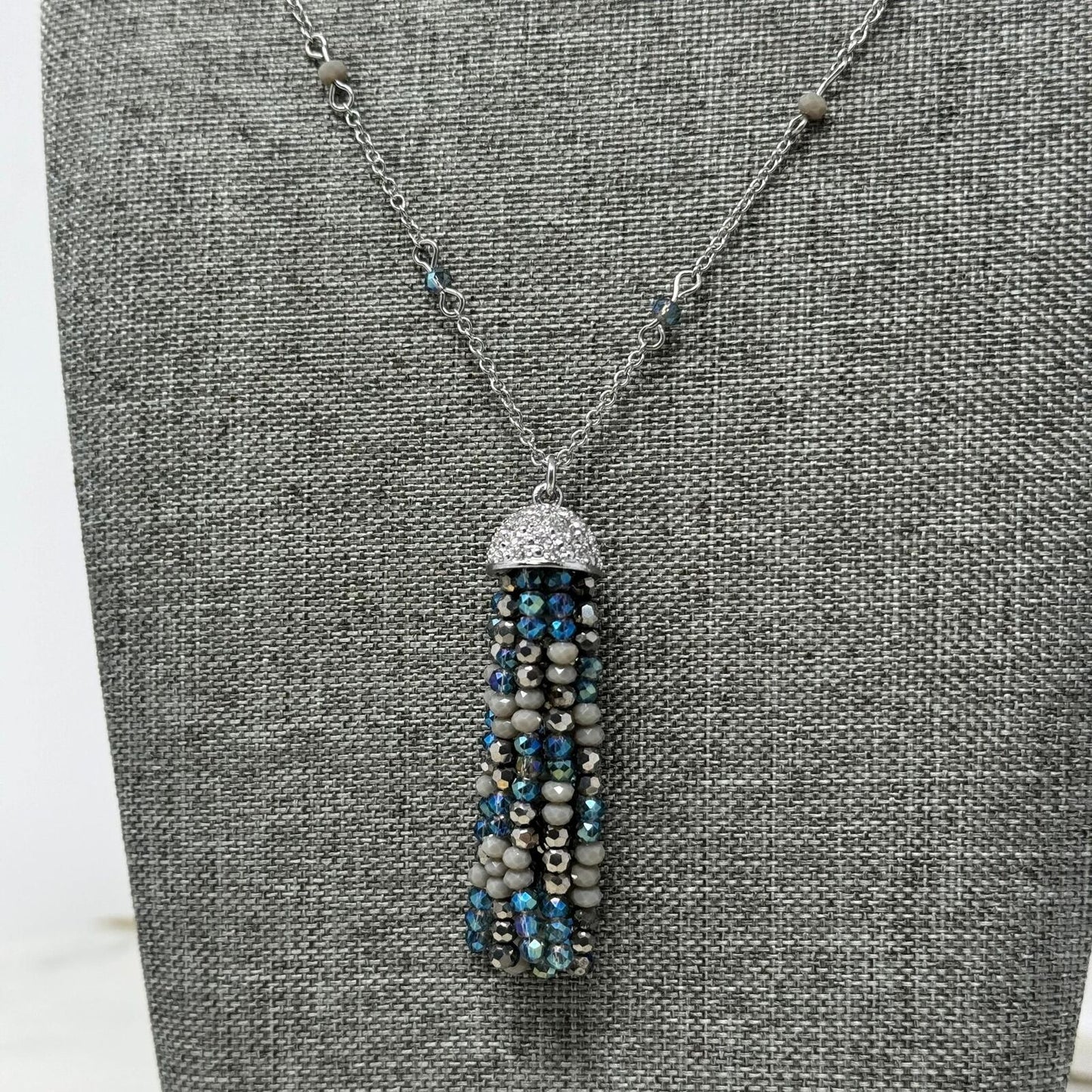 Ann Taylor Blue Jellyfish Tassel Statement Necklace Silver Accent Shimmer Chic