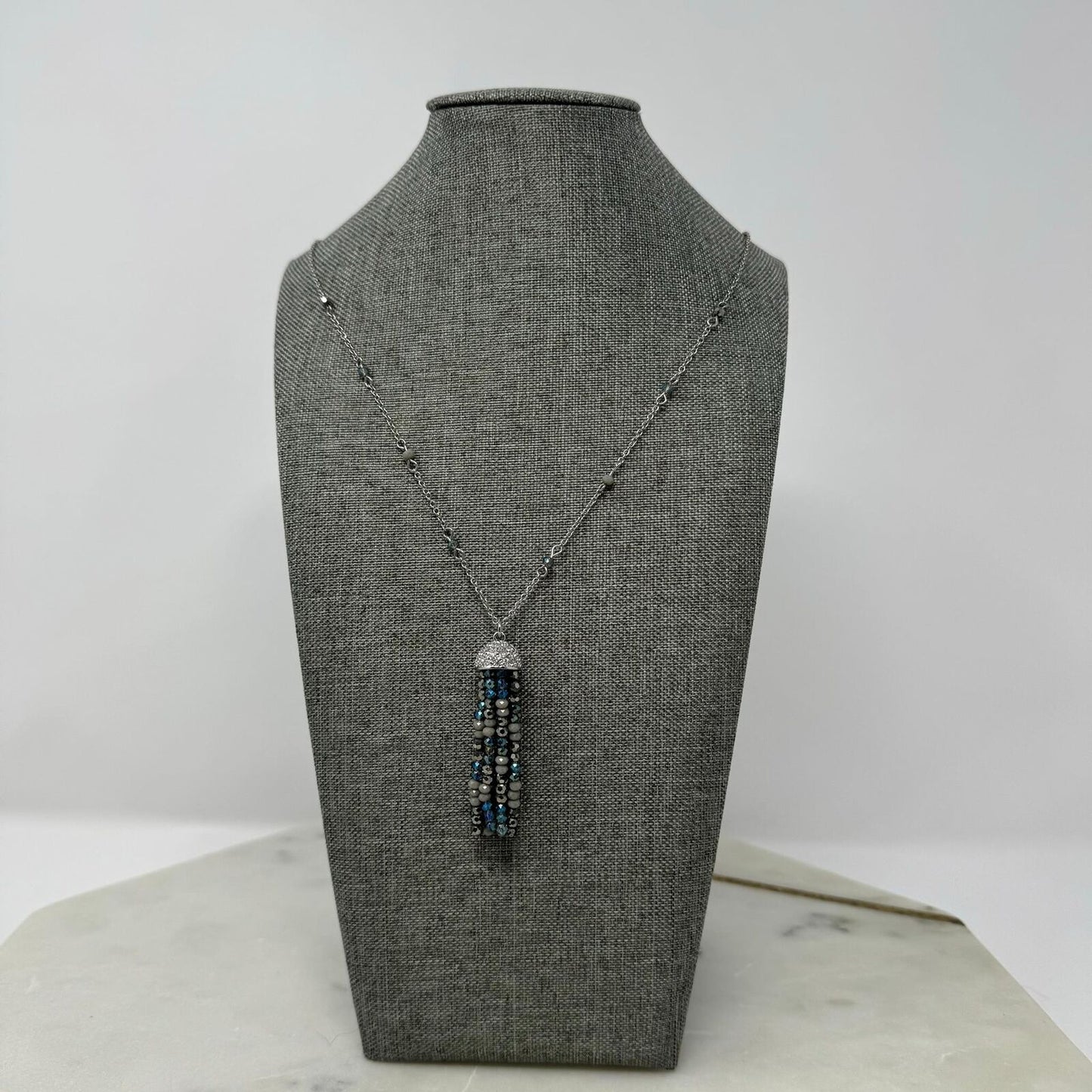 Ann Taylor Blue Jellyfish Tassel Statement Necklace Silver Accent Shimmer Chic