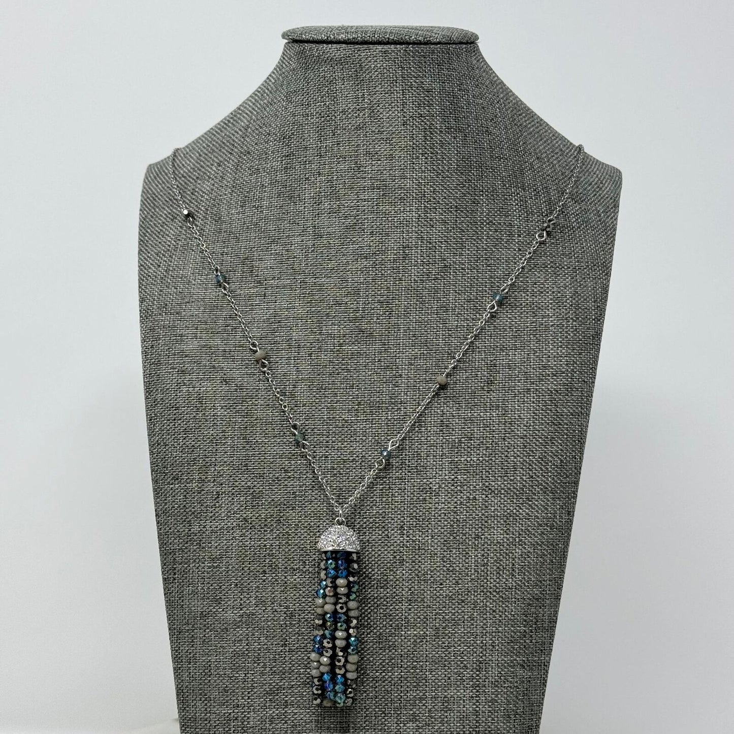 Ann Taylor Blue Jellyfish Tassel Statement Necklace Silver Accent Shimmer Chic