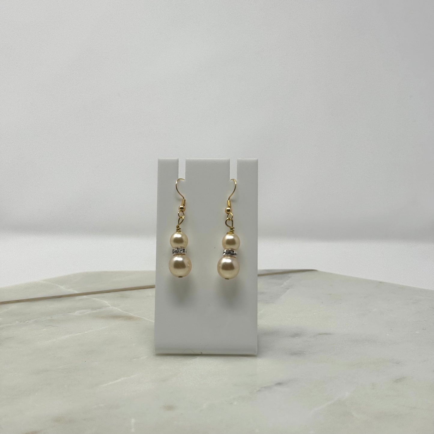 Gold Tone Pearl Rhinestone Accent Dangle Hook Earrings