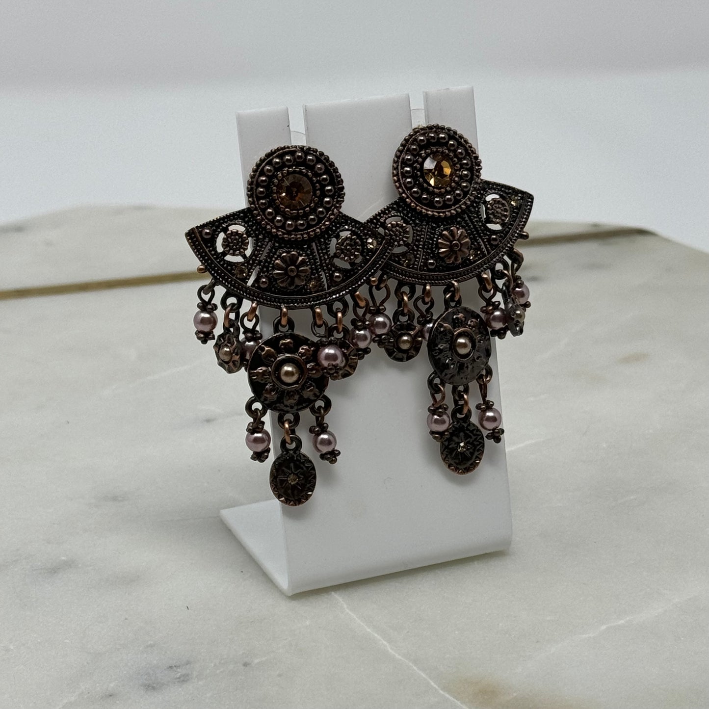 Boho Tribal Rhinestone & Pearl Accent Dangle Post Earrings