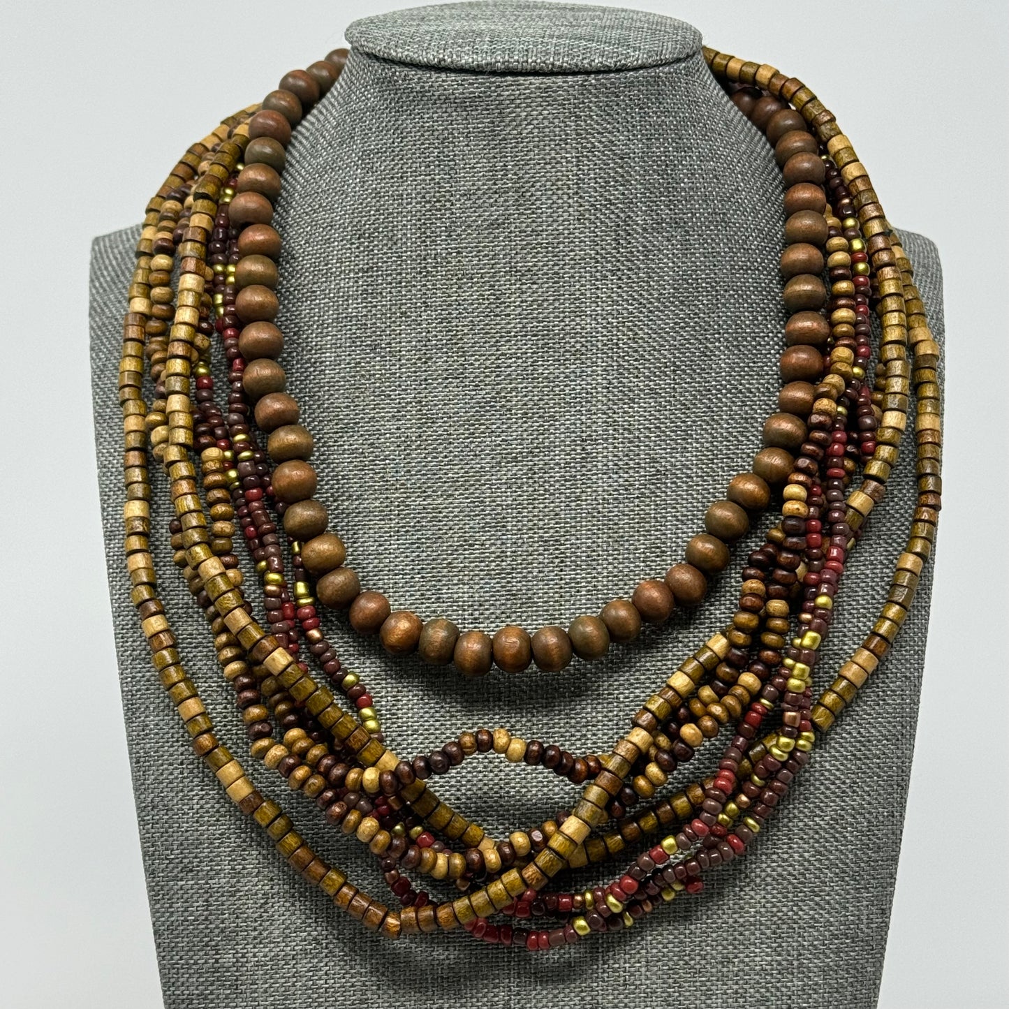 Wooden Bead Statement Necklace Earth Tones Artisan Handmade Multi-Strand Boho Jewelry
