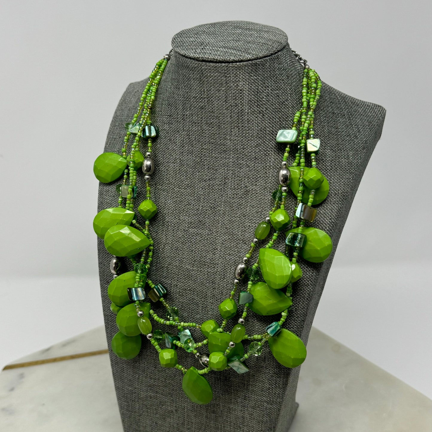 Women’s Necklace Boho Statement Beaded Teardrop Pendants Green Shell 16 in