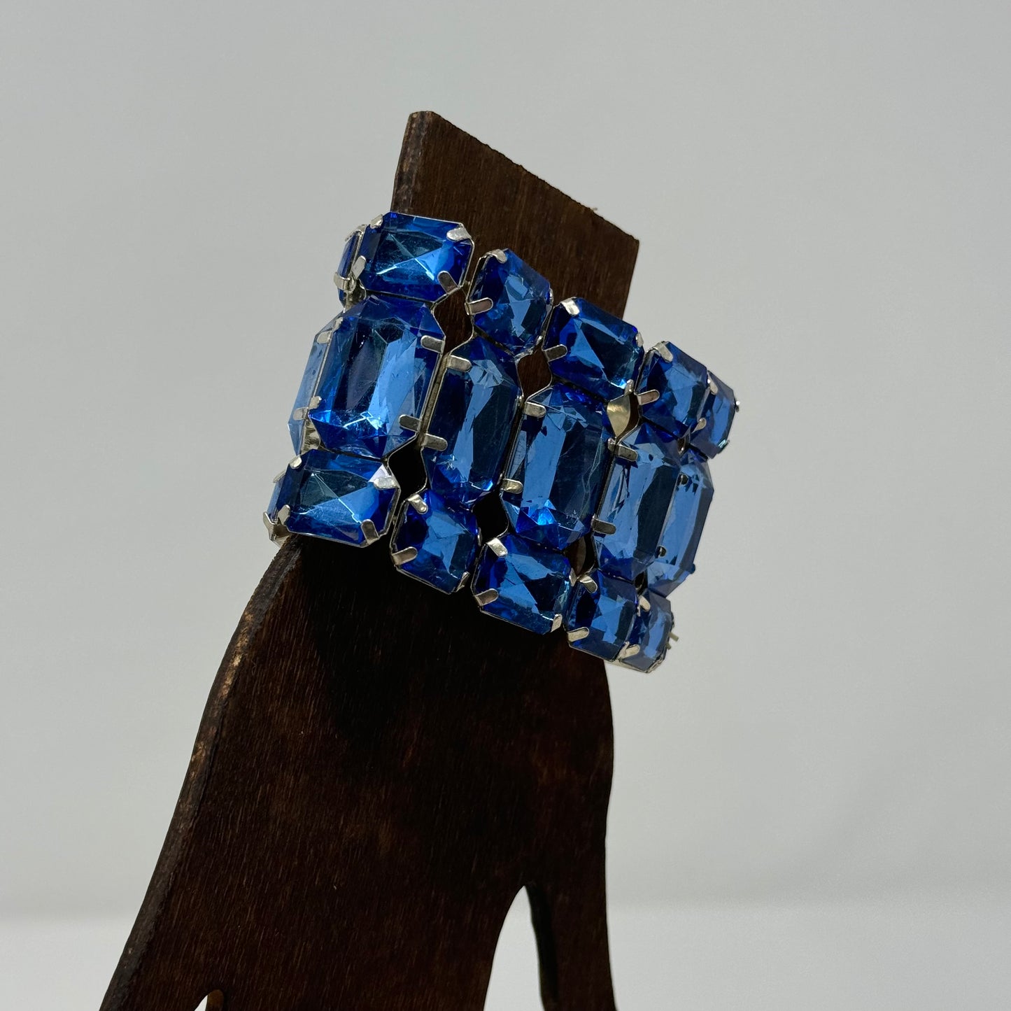 Vintage Blue Rhinestone Bracelet - Art Deco Style, Statement Jewelry, Silver Tone Glam Bangle