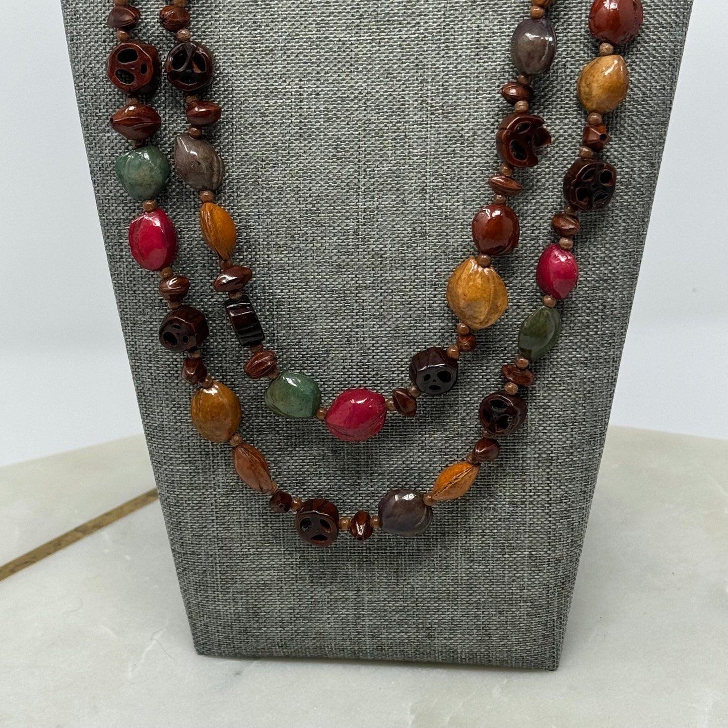 Artisan Hand-carved Bead Necklace - Boho Multi-Colored Statement Jewelry Handmade