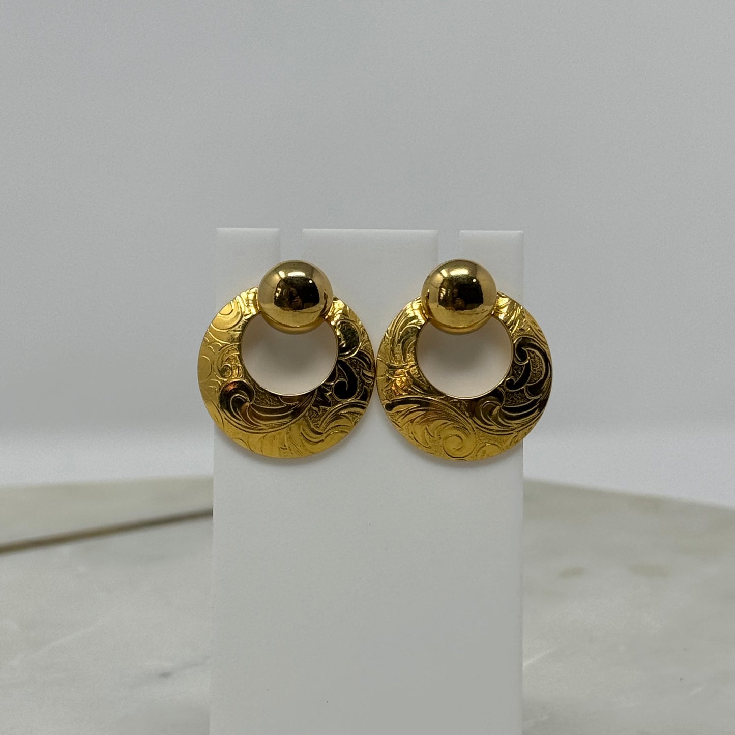 Avon Earrings Boho Southwest Button Stud Gold Tone Drop Disc Swirl Design 1 in
