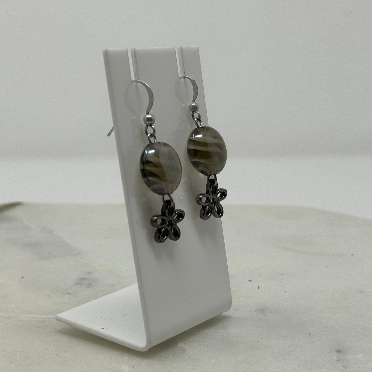 Glass Bead Dangle Flower Accent Hook Earrings