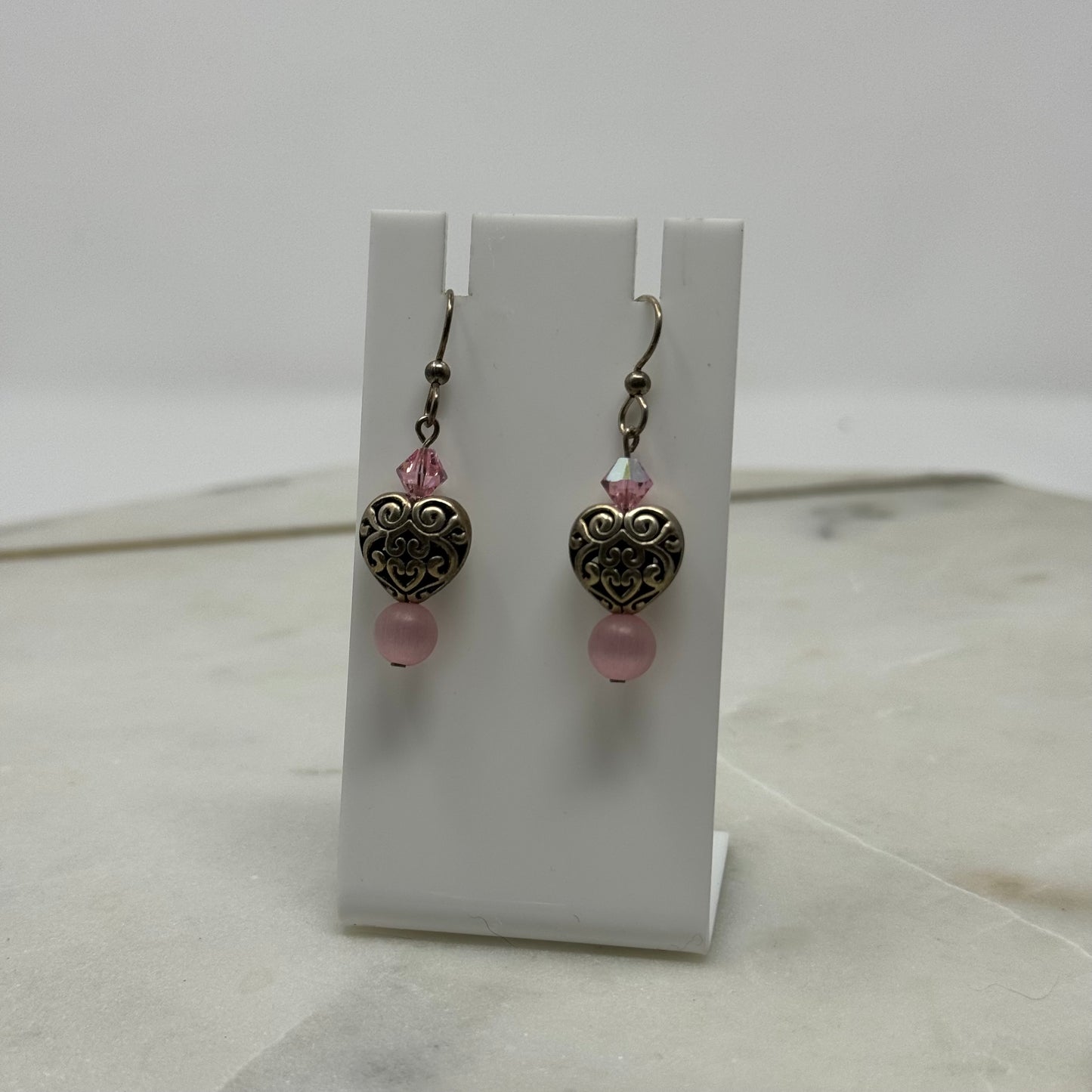 Pink Beaded Heart Dangle Hook Earrings