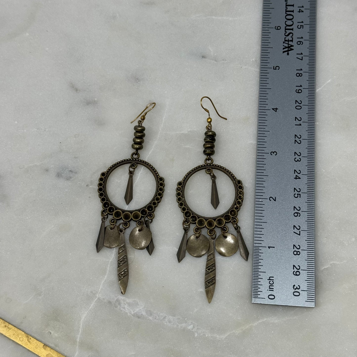 Earrings Boho Southwest Dangles Brass Tone Chandelier Hook 4" Drop Pierced Ear