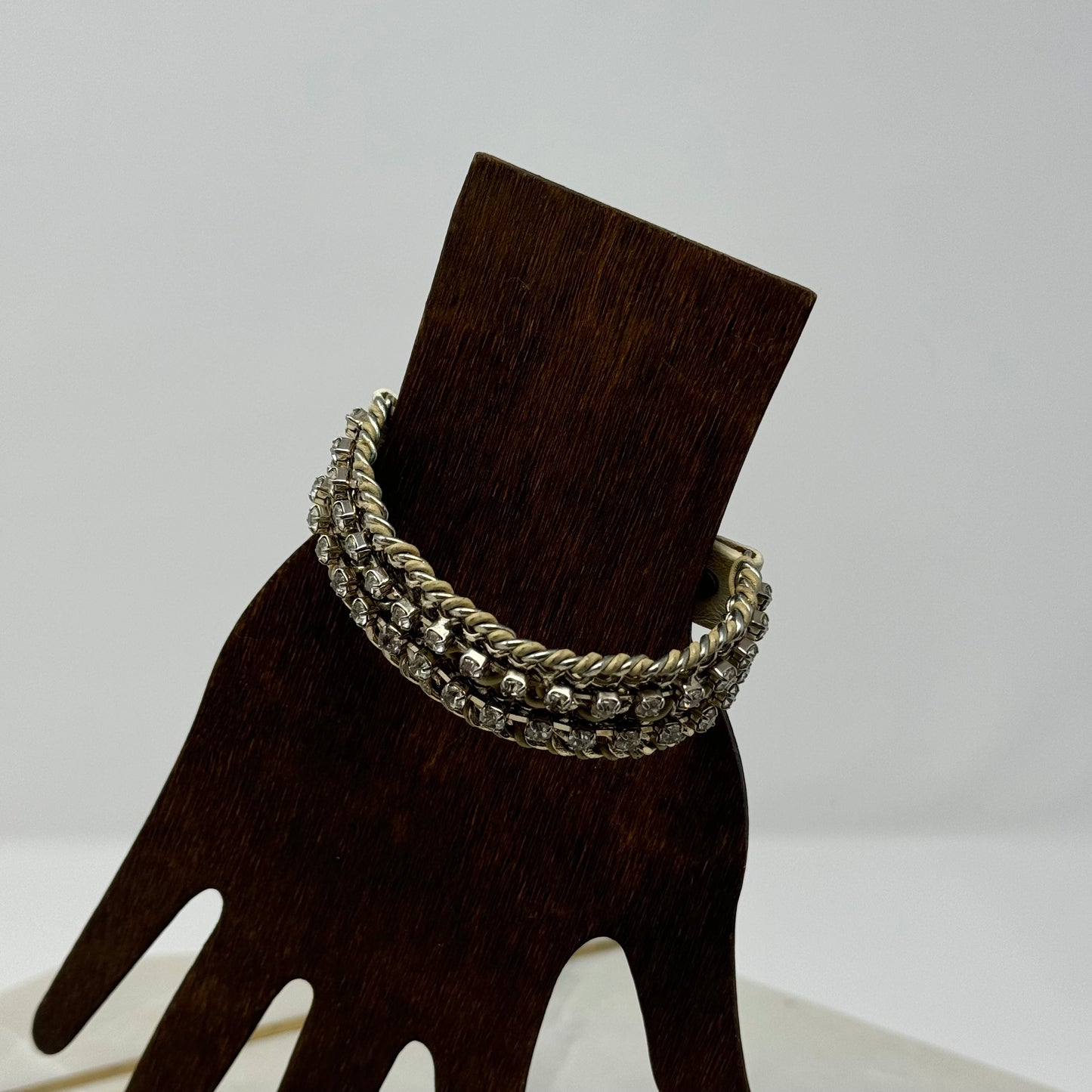 Bracelet Boho Southwest Woven Braided Beige Leather Silvertone Rhinestone Cuff Bangle 7.75 in