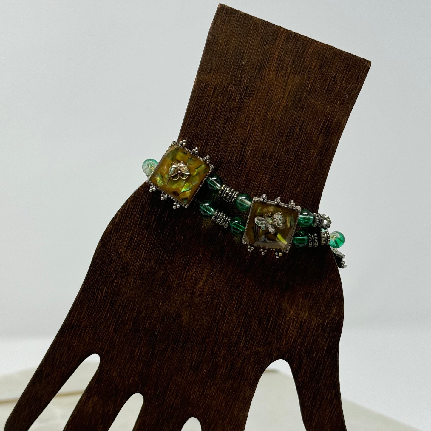 Bracelet Metallic Insect Charm Double Beaded Strand Green Yellow 7 in Costume Jewelry