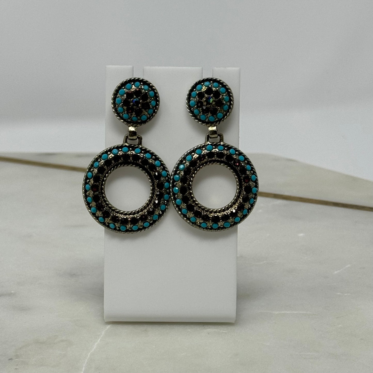 Earrings Boho Southwest Round Stud Dangles Blue Silver Tone Stud 2 in Drop