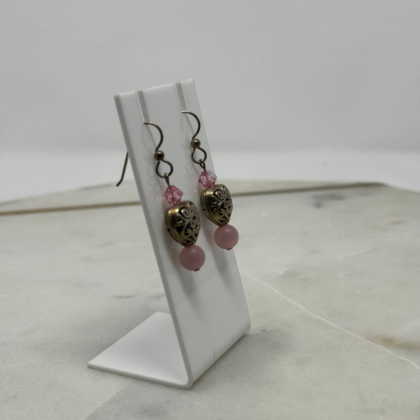 Pink Beaded Heart Dangle Hook Earrings