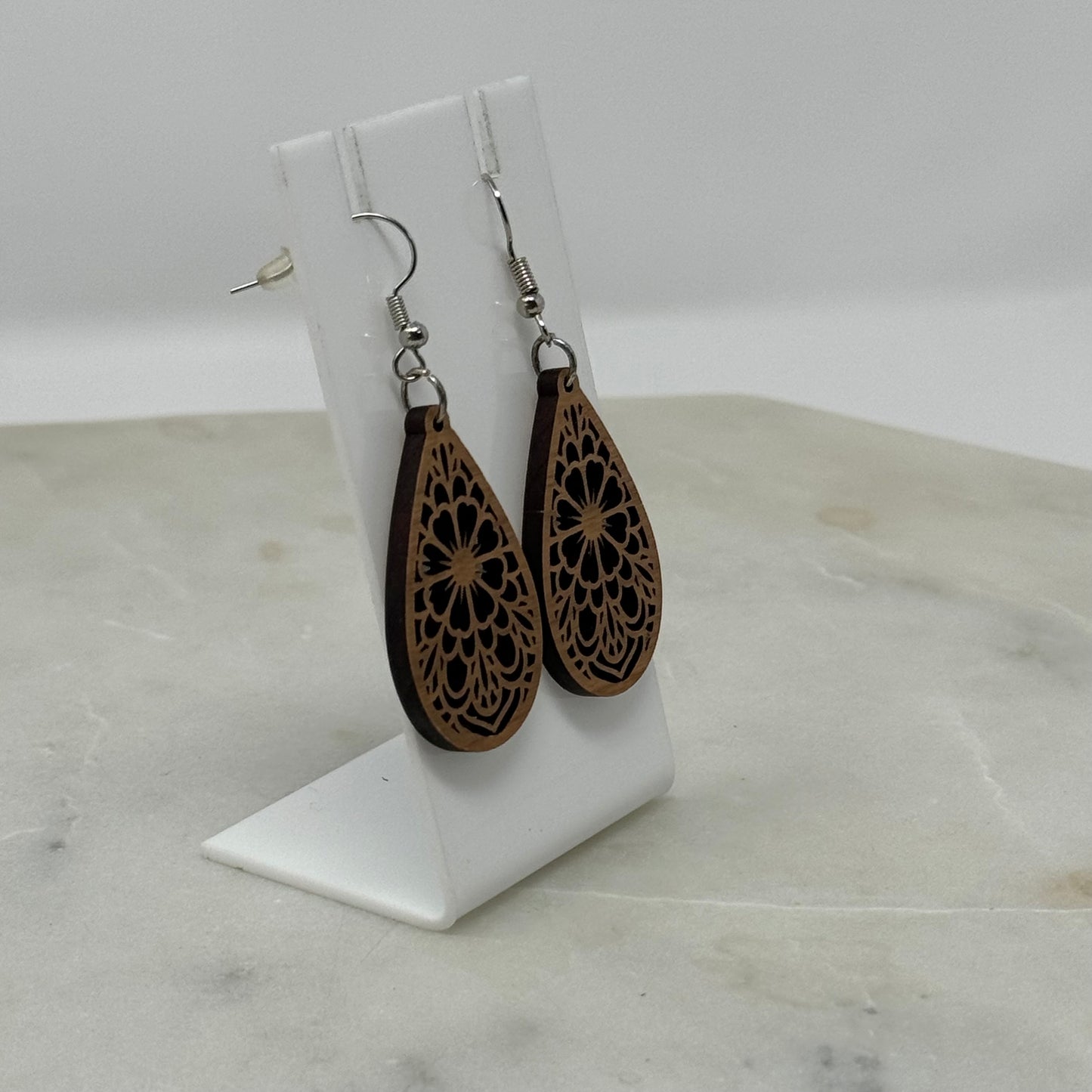 Earrings Boho Woodgrain Intricate Flower Teardrop Hook Dangles 2.5 Inch Drop Brown