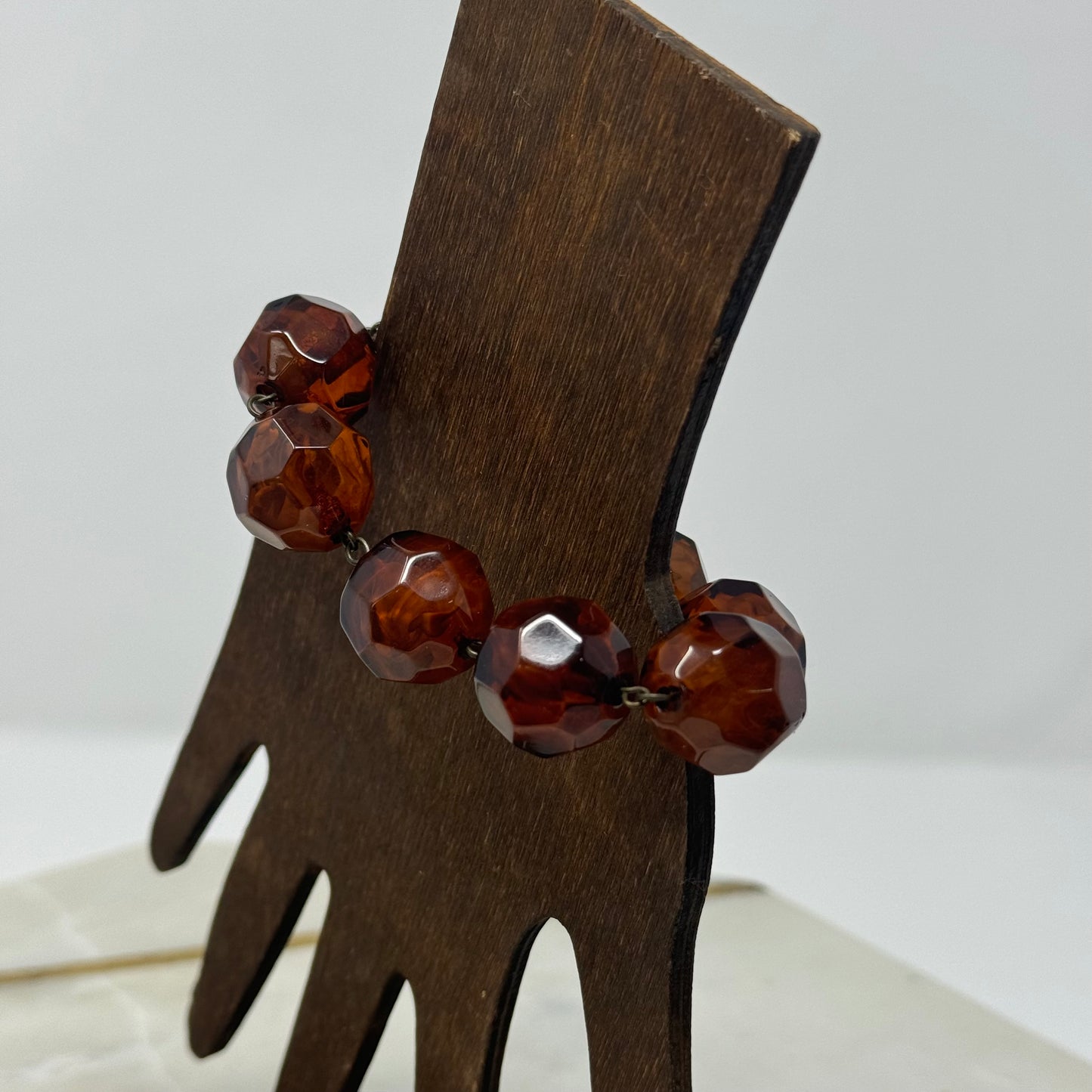 Bracelet Faceted Amber Tone Bead Stretch Bangle Chunky Brown 6 in Costume Jewelry