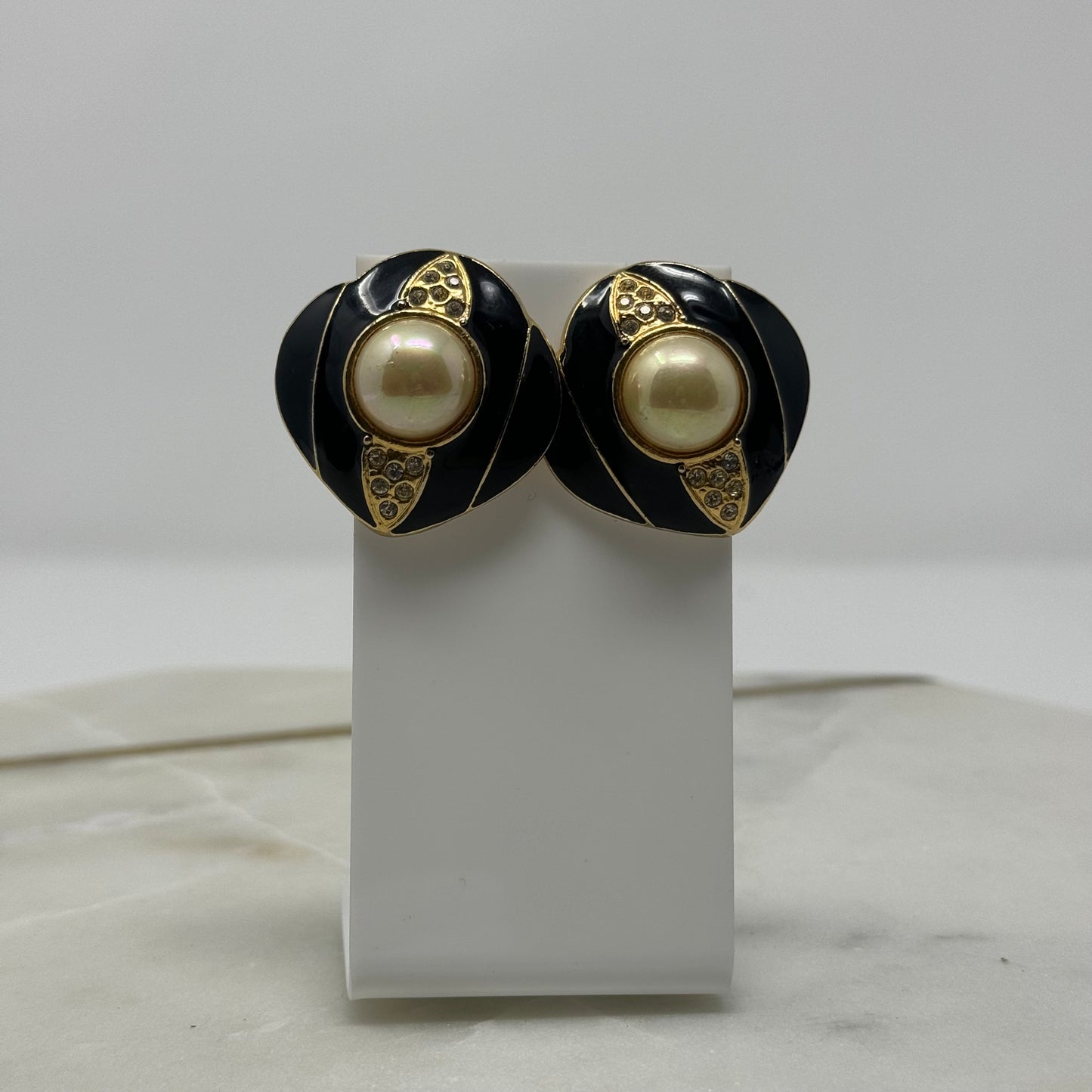 Vintage Black & Gold Accent Pearl Statement Post Earrings